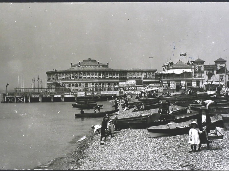 Boats on the beach at Southsea, England, with advertisements for Bovril and Oxo on a building behind, 1896. Photo by Hulton Archive/Getty Images