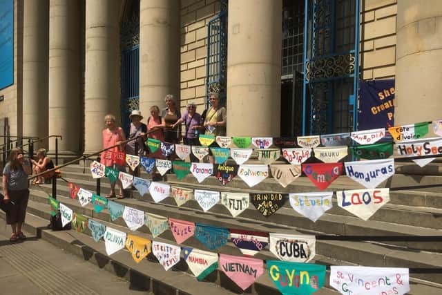 Pennants made by Sheffield Creative Action for Peace (SCRAP), showing states that have ratified the UN’s Treaty on the Prohibition of Nuclear Weapons. The group want Sheffield City Council to take action in support of the ban