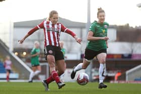 Courtney Sweetman-Kirk of Sheffield United takes a shot on goal. (Isaac Parkin / Sportimage)