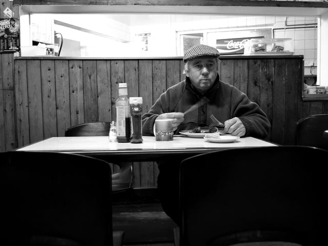 Enjoying breakfast in Tinsley Transcafe by Sara O'Connor