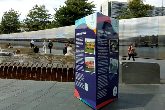 One of the displays telling the story of women's football in Sheffield outside Sheffield railway station. The display ties in with the Women's Euros 2022 finals