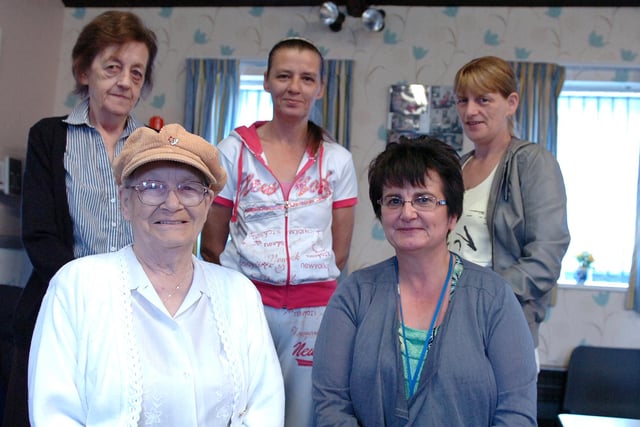 Central Estate resident Doreen Swalwell (front, left) and her pals (back, from left) Margaret Black, Noreen Tuohy and Sandra Alerdice pictured with Janice Forbes from Hartlepool and District Hospice after raising funds for the Hospice through a jumble sale. Does this bring back memories?