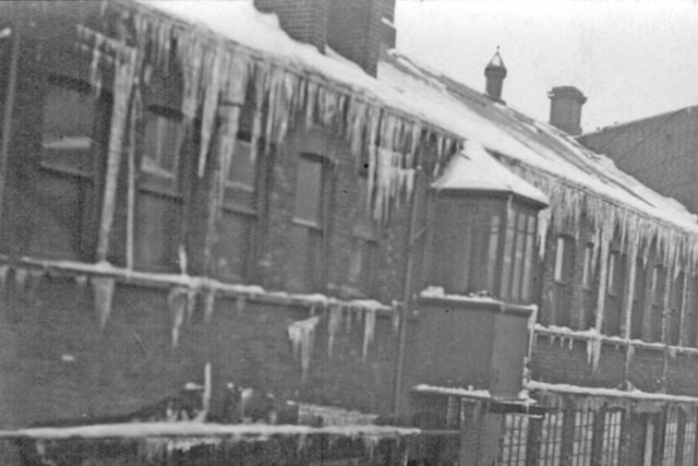 Icicles and snow on the roof at the William Tyzack, Sons and Turner Ltd building, looking towards the General Office, in Nether Edge, Sheffield, in 1947