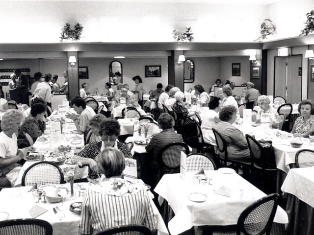 Enjoying lunch at Tuckwoods Restaurant, Surrey Street, Sheffield, in the late 1980s