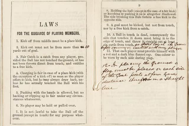 Undated Sotheby's handout photo of a copy of the earliest printed rules of football, which will be auctioned later this month and is expected to fetch more than ??50,000. Issue date: Tuesday July 6, 2021. PA Photo. One of two surviving copies of the rules printed in 1859 by the world???s first football club, Sheffield Football Club, will be sold at Sotheby???s on July 20, with online bidding opening from July 12. See PA story SALE Football. Photo credit should read: Sotheby's /PA WireNOTE TO EDITORS: This handout photo may only be used in for editorial reporting purposes for the contemporaneous illustration of events, things or the people in the image or facts mentioned in the caption. Reuse of the picture may require further permission from the copyright holder. 
