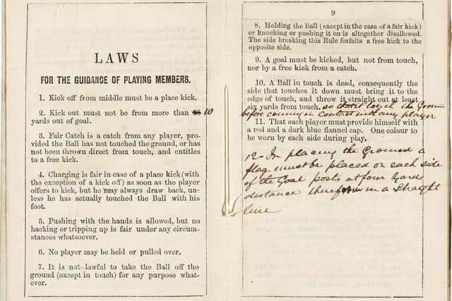 Undated Sotheby's handout photo of a copy of the earliest printed rules of football, which will be auctioned later this month and is expected to fetch more than ??50,000. Issue date: Tuesday July 6, 2021. PA Photo. One of two surviving copies of the rules printed in 1859 by the world???s first football club, Sheffield Football Club, will be sold at Sotheby???s on July 20, with online bidding opening from July 12. See PA story SALE Football. Photo credit should read: Sotheby's /PA Wire

NOTE TO EDITORS: This handout photo may only be used in for editorial reporting purposes for the contemporaneous illustration of events, things or the people in the image or facts mentioned in the caption. Reuse of the picture may require further permission from the copyright holder. 