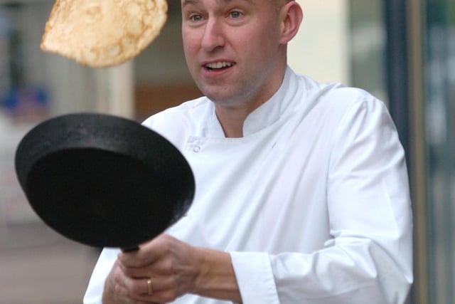 Chef Jamie Bosworth tossing a pancake outside the Taste Cafe, Hunters Bar in 2005
