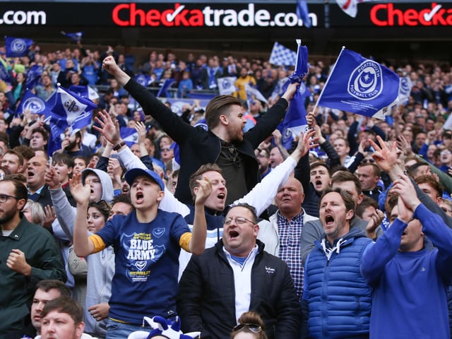 Pompey fans celebrate at Wembley during 2019 EFL Trophy final.