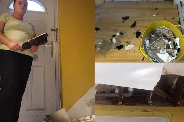 Pictured is Rebecca Wallace at her collapsed Sheffield City Council property with some of the ceiling damage at her property in Parson Cross, Sheffield.