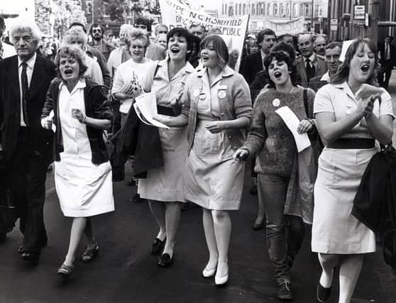 Nurses march during the health workers strike in September 1982