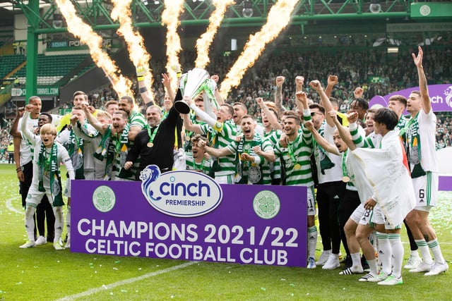 Celtic captain Callum McGregor and manager Ange Postecoglou lift the Premiership Trophy
