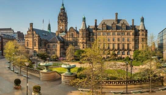 Sheffield Council Town Hall from the view of the Peace Gardens.