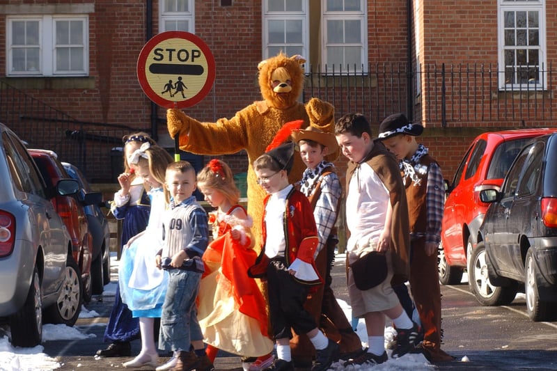 Back to Book Day in 2005 and Kathleen Swan got into the spirit of the occasion by dressing as a lion. Here she is on patrol outside St Joseph's RC Primary School in Murton.
