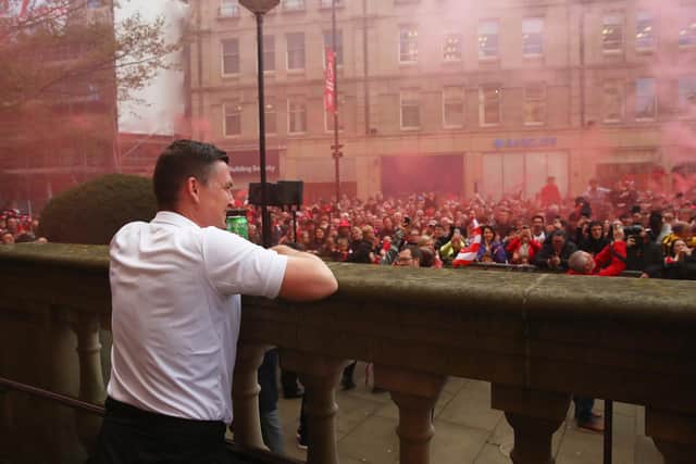 Manager Paul Heckingbottom surveys the scene following Sheffield United's promotion party: Paul Thomas /Sportimage