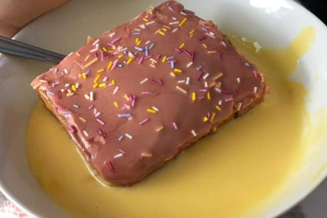 Home-made 'school cake' with custard. Delicious!