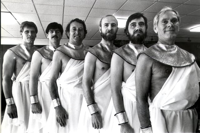 Costume call for South Yorkshire Opera Aida forth comong production at the Crucible. Pictured at the University House costume call Gentlemen of the chorus, from left, Chris Holland, Jim Hudson, Jim Frost, Stephen Vickers, Harry Marshall and Geoff Holland. 21st April 1985.
