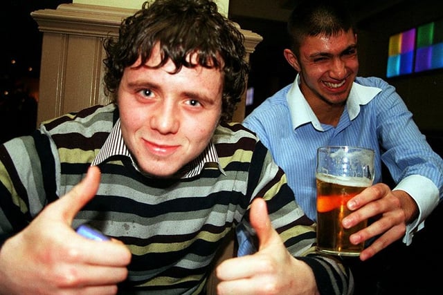 Jamie Hardcastle (left) and Rob Withers pictured at Bar One, Glossop Road, Sheffield (February 2003)