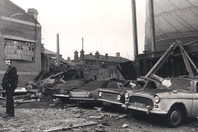 Wrecked cars after an expolsion at the Effingham Street gas works in Sheffield in October 1973