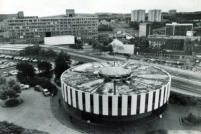 Sheffield's 'Wedding Cake' Register Office with the Polytechnic (left) and Sheaf Valley and Norfolk Park in the background, 1982