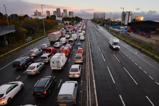Traffic queues on a main route       (Photo credit should read BEN STANSALL/AFP via Getty Images)