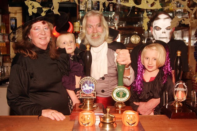Yvonne Cooke, Henry Sargerson, John Cooke, Weronika Sargerson and Graham Sargerson at a Halloween party in the Dewdrop Inn, Ilkeston, in 2006.