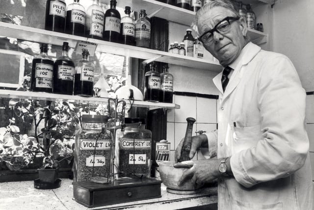 Herbalist Percy Hartley at work in his Walkley shop, on August 3 1981