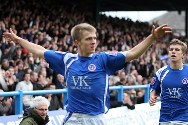 Jamie Ward celebrates giving Chesterfield a 2-0 lead against the Stags in the FA Cup in November 2008. The Spireites went on to win 3-1.