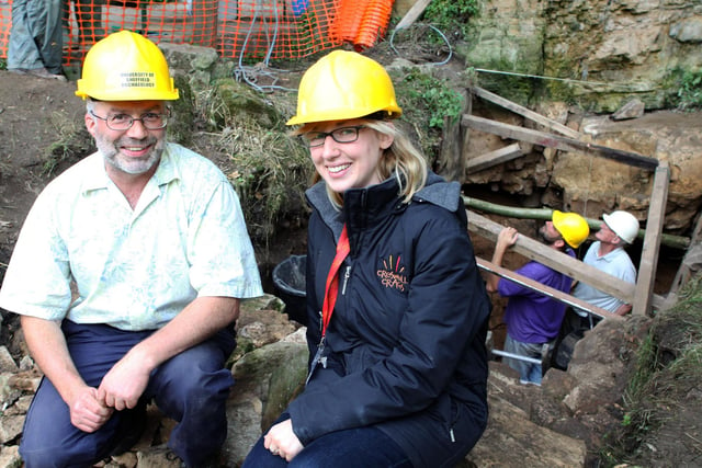 Excavations at Creswell Crags Church Hole cave where an archeologist from the University of Sheffield met with Rebecca Clay from Creswell Crags in 2010