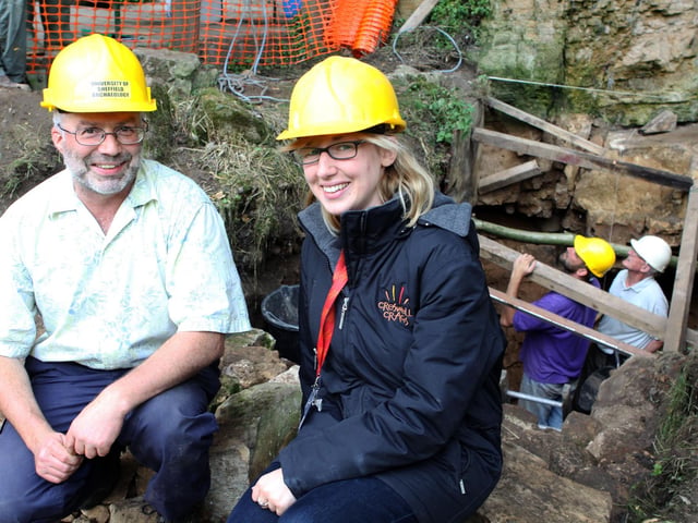 Excavations at Creswell Crags Church Hole cave where an archeologist from the University of Sheffield met with Rebecca Clay from Creswell Crags in 2010