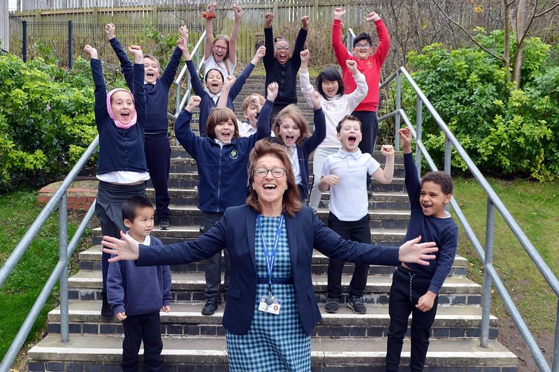 Celebrations for Anns Grove Primary School as it was listed 247th in the 'Top 250 state Primary Schools in England' list in the Sunday Times last November. Headteacher Sam Fearnehough is seen here with pupils
