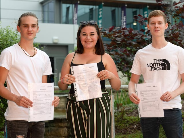 Jack Gilder, Faith Chalton and Tom Keeping collect their results at Fareham College. Picture: Keith Woodland