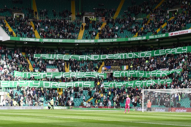 Angry after a Scottish Cup exit at the hands of Rangers in April 2016 Celtic fans display a message reading: "Lawwell and Desmond's legacy: Empty jerseys, empty hearts, empty dreams, empty stands".