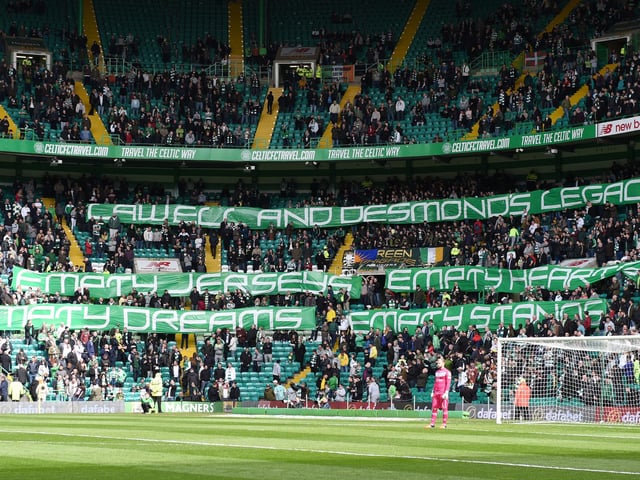 Angry after a Scottish Cup exit at the hands of Rangers in April 2016 Celtic fans display a message reading: "Lawwell and Desmond's legacy: Empty jerseys, empty hearts, empty dreams, empty stands".
