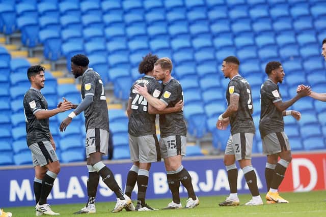 Sheffield Wednesday players celebrate their opening day 2-0 win over Cardiff City. Photo: Steve Ellis.