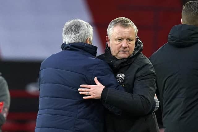 Chris Wilder manager of Sheffield Utd shakes hands with Jose Mourinho manager of Tottenham at the final whistle: Andrew Yates/Sportimage