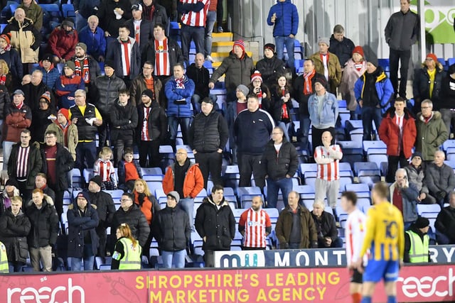Sunderland supporters take in the action at the Montgomery Waters Meadow Stadium in Shrewsbury. Picture by FRANK REID