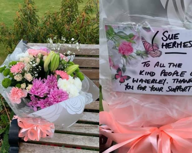 The flowers courier Sue Archer left on a bench in Waverley to thank the communtiy for their kindness.