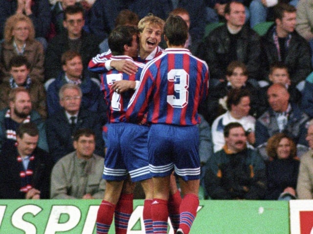 Jurgen Klinsman is congratulated by team-mates after scoring for Bayern Munich in October 1995's UEFA Cup second round game at Easter Road in Edinburgh against Raith Rovers. Photo: SNS Group