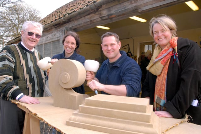 Trainee stonemasons Adele Buxton and Paul Frogatt join the team of stonemasons at Hardwick hall in 2008. Pictured with Beccy Speight National Trust and John Derbyshire National Trust Peak District Centre
