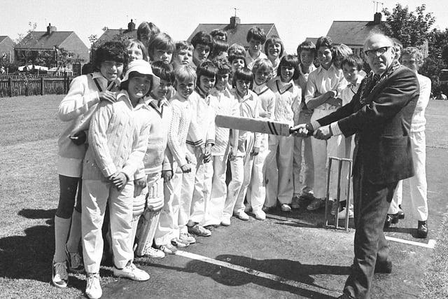 The Mayor of Sunderland Coun. Tom Bridges at the Jubilee cricket match between Sunderland Under 11 and Under 15 teams versus South Shields Under 11 and Under 15 teams. It's a scene from St Leonards School, Silksworth, in 1977.