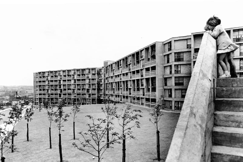 Youngsters looking over the new Park Hill flats in the 1960s