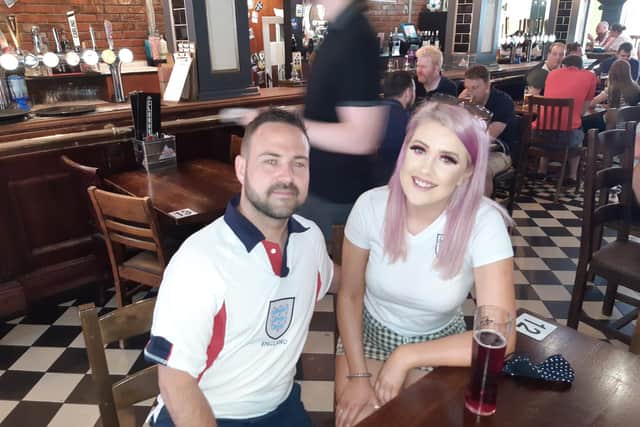 England fans Les Krelle and Aimee Greenwood at The Clubhouse pub in Sheffield