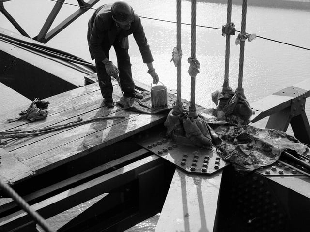 A head for heights was essential for those painting the Forth Road Bridge in 1963.