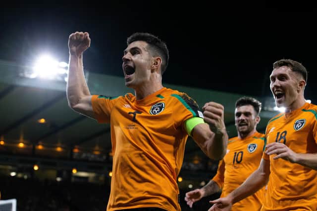 GLASGOW, SCOTLAND -SEPTEMBER 24: Ireland's John Egan celebrates after scoring to make it 0-1 during a UEFA Nations League match between Scotland and Republic of Ireland at Hampden Park, on September 24, 2022, in Glasgow, Scotland.  (Photo by Alan Harvey / SNS Group)