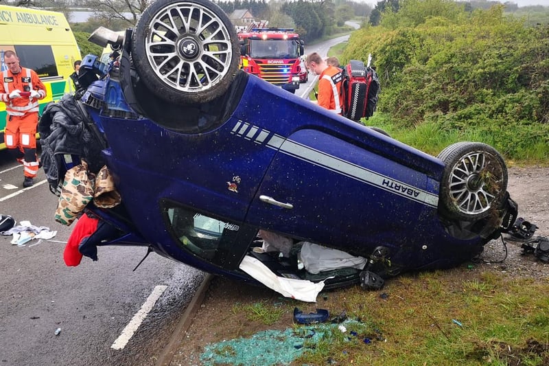 Calow, May 9. 
Police tweeted: "Rain + Too fast + Inexperienced driver = Fiat 500 upside down. Driver and two passengers taken to hospital with cuts and bruises."