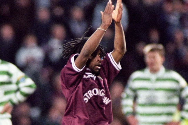 Jose Quitongo celebrates scoring an injury-time equaliser in a top-of-the-table clash at Tynecastle in February, 1998.