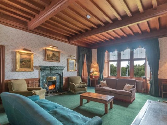 This is one of three reception rooms that the mansion boasts, with an open fireplace and ornate cornicing