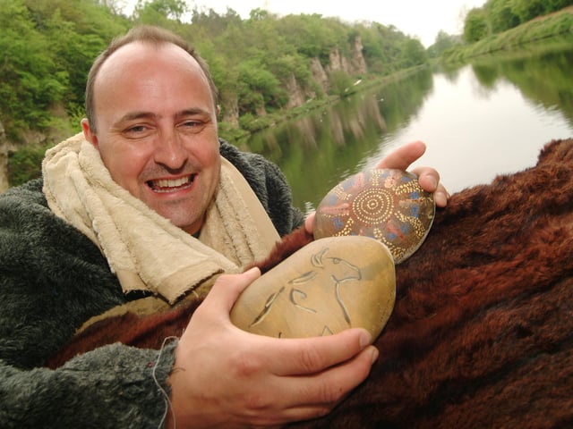 Professional story teller Andy Messer visits the Creswell Crags Visitor centre to tell stories using costumes and props back in 2007