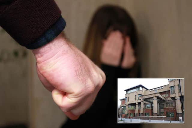 Sheffield Crown Court, pictured, heard how a thug who attacked his partner twice has been given a suspended prison sentence and a five-year restraining order.
