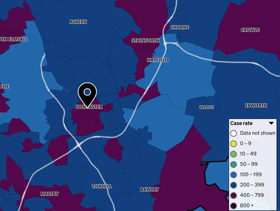 The latest interactive map shows the areas of Doncaster where Covid rates remain above 400 (burgundy colour), between 200-399 (dark blue) and light blue where there are between 100-199 cases per 100,000).